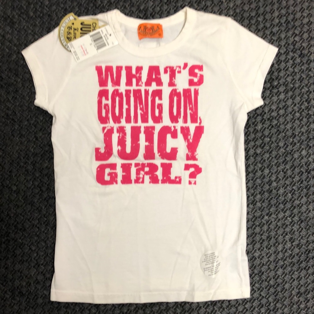 Juicy Couture White Tee with Pink Graphic "What's Going On Juicy Girl?"